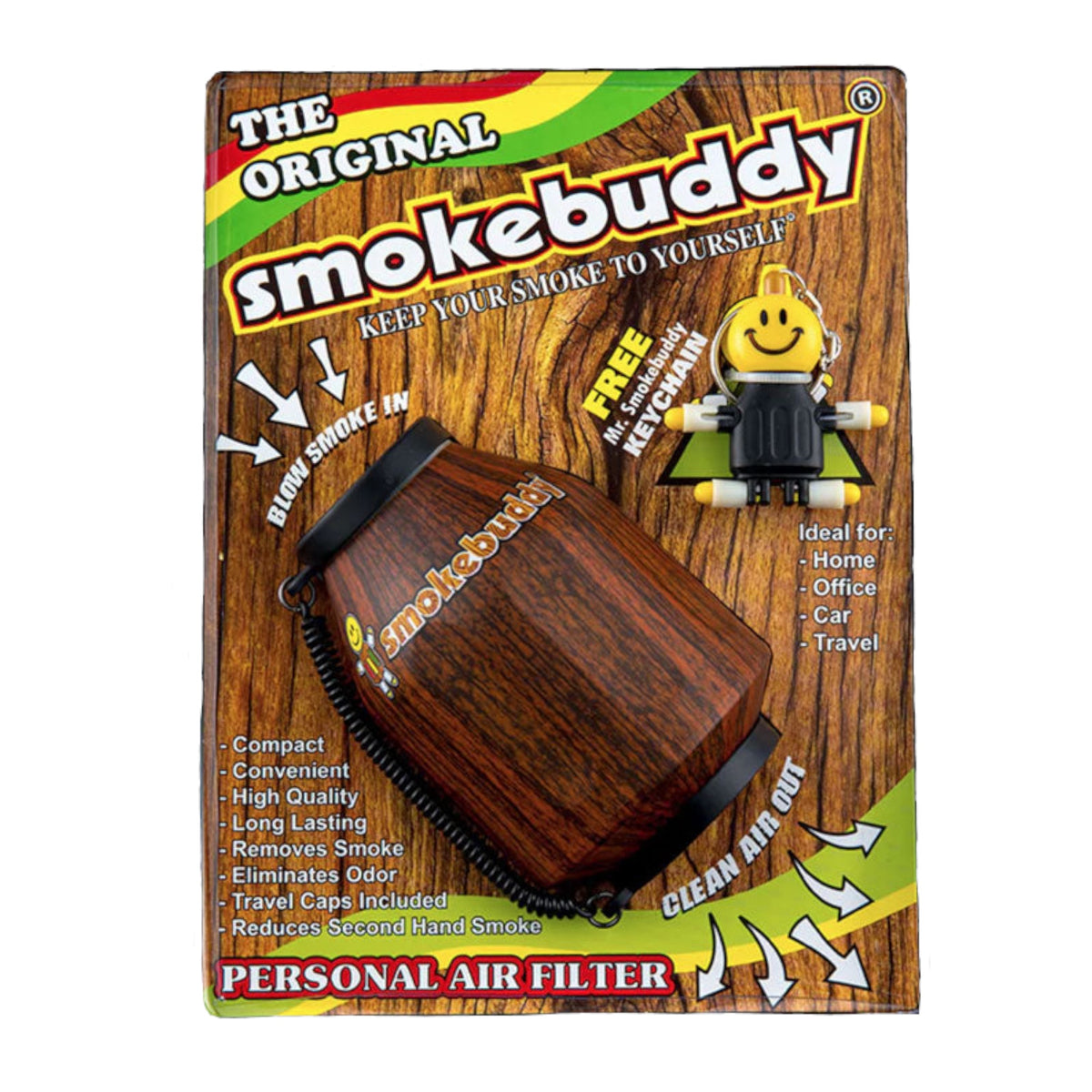 Verpackung des Smokebuddy Luftfilters in Holzoptik